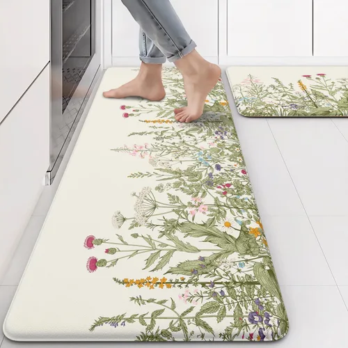 Miniatura 7 de MAYHMYO Alfombra de Cocina Anti Fatiga Tapete de Cocina Acolchado Negro Plantas Florales Lindas Alfombras de Cocina Vintage Antideslizantes