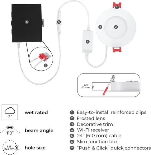Miniatura 10 de Globe Electric 50466 Kit de iluminación empotrable LED ultra delgada de 3 pulgadas, no requiere concentrador, activado por voz, 7 W, RGB cambiante