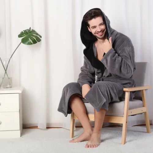 Miniatura 6 de KEMUSI Bata de baño de longitud completa suave con capucha para hombre, cómodo camisón cálido de longitud completa