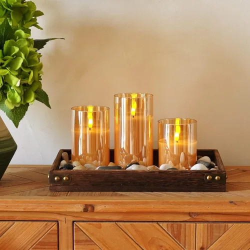 Miniatura 2 de Homemory juego de 3 velas sin llama de vidrio ámbar, velas LED acrílicas que funcionan con pilas, con control remoto y temporizador, Velas Radiance