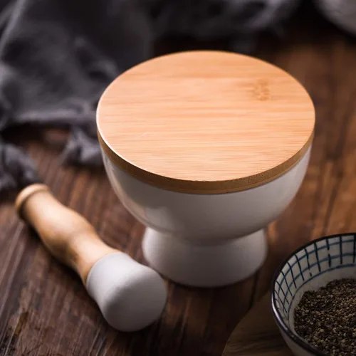 Miniatura 7 de Mortero y mortero de porcelana - Trituradora de píldoras, molinillo de especias, cuenco de hierbas, polvo de pesto - Regalo ideal - con base