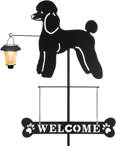 BAYN - Estacas de jardín solares decorativas con silueta de poodle y farol, señal de bienvenida para jardín, césped, patio, camino