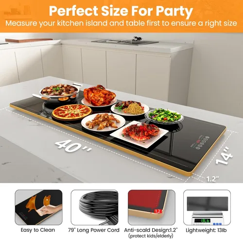 Miniatura 6 de Bandejas de calentamiento eléctricas XXL de 40 x 14 pulgadas para fiestas de buffets, bandeja de calentamiento eléctrica con pantalla táctil