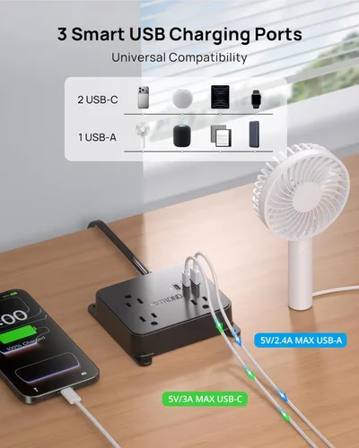 Miniatura 5 de TROND Cable de Extensión Plano Ultra Delgado, Regleta de Alimentación de Enchufe Plano con 3 Cargadores USB, 3 Salidas de CA Estación de Carga