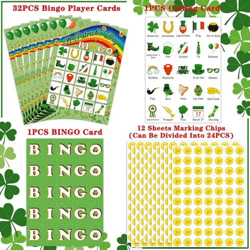 Miniatura 3 de Moon Boat Juego de cartas de bingo del día de San Patricio para 32 jugadores para adultos, actividad de fiesta de trébol
