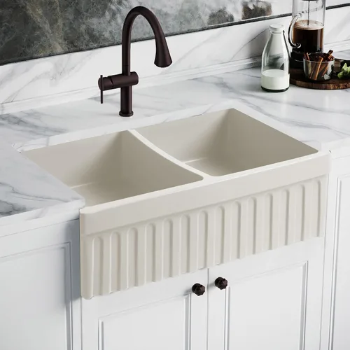 Miniatura 6 de Whitehaus Collection Quatro Alcove - Fregadero de cocina reversible de doble cuenco Farmhaus con borde frontal acanalado de 2 pulgadas en un lado