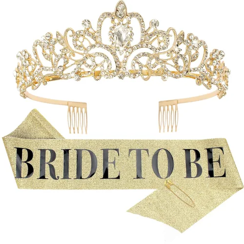 Miniatura 11 de Kit de corona de novia y corona de novia, decoraciones de CIEHER para despedida de soltera, oro rosa, corona de princesa para mujeres y niñas