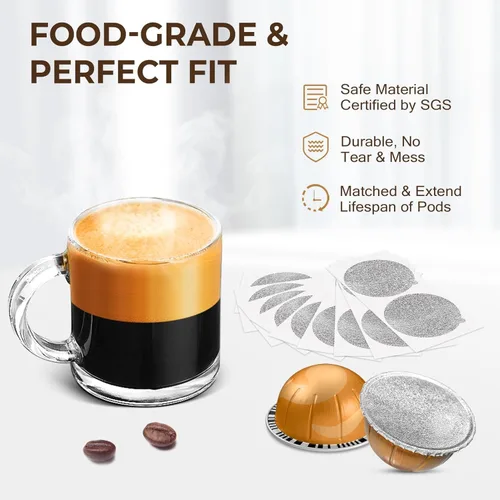 Miniatura 3 de AANQQ Tapas de papel de aluminio para cápsulas reutilizables Nespresso Vertuo: 100 piezas de cubierta de sello de aluminio para cápsulas de café