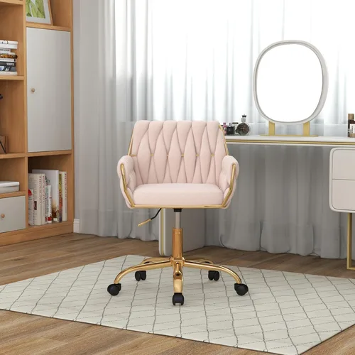 Miniatura 9 de Silla de terciopelo para oficina en casa, moderna silla de tocador de altura ajustable, silla de maquillaje giratoria de 360° con base dorada y Rosa