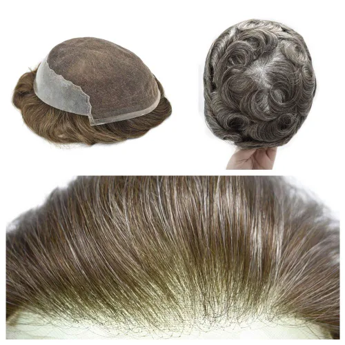 Miniatura 45 de Peluca de repuesto de cabello natural de poliuretano con encaje frontal para hombre (7x9 pulgadas, densidad de luz, 1B40# negro natural con 40% gris)