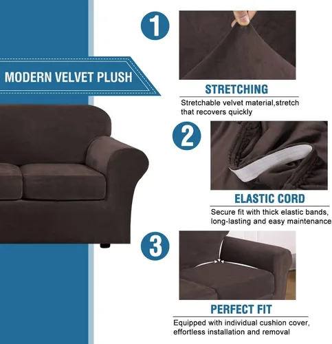 Miniatura 3 de H.VERSAILTEX Fundas de Sofá Elásticas de Terciopelo Real Suave de 3 Piezas Fundas de Sofá para Sofá de 2 Cojines Fundas de Loveseat con Ancho