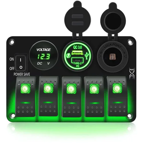 Miniatura 10 de FXC Interruptor basculante de barco marino impermeable, panel de aluminio de 5 segmentos con ranura USB dual 3.1A + medidor de voltios, luz LED azul