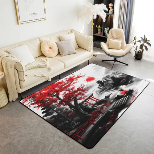 Miniatura 10 de Feelyou Alfombra retro de 5 x 7 pies con temática asiática para niños, adolescentes y adultos, estilo de pintura china con acuarela, alfombra Cian