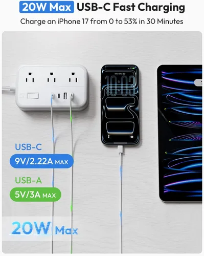 Miniatura 3 de Regleta de alimentación NTONPOWER con cable de extensión plano de 25 pies, con 6 salidas y 4 puertos USB (2 USB C), enchufe plano, múltiples Blanco