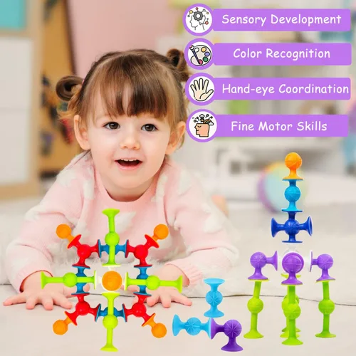Miniatura 5 de Juego de construcción de 48 piezas de juguetes de ventosa – Bloques de construcción de silicona DIY divertidos juguetes de baño para niños a partir
