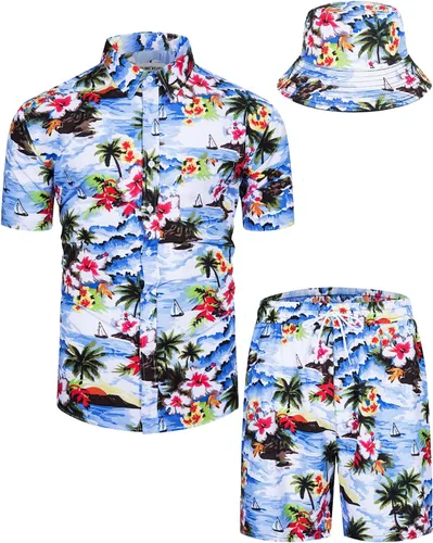 Miniatura 26 de TUNEVUSE Conjunto de camisas y pantalones cortos hawaianos para hombre, 2 piezas, trajes de playa con estampado de flores, traje tropical de verano