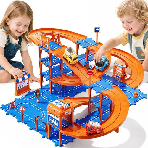 Miniatura 9 de Rompecabezas para niños de 3 a 5 años, 2 a 4 años, juego de 59 rompecabezas de carreras, incluye 2 autos y señales de tráfico, regalos educativos