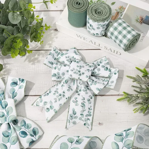 Miniatura 5 de AnyDesign 4 rollos de cinta de eucalipto con borde con alambre de 24 yardas, cinta decorativa de hojas verdes, cintas de tela para primavera