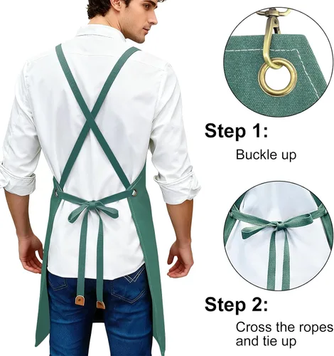 Miniatura 3 de Delantal para hombres y mujeres con bolsillos, lona de algodón, espalda cruzada, resistente, ajustable, delantal de trabajo Verde