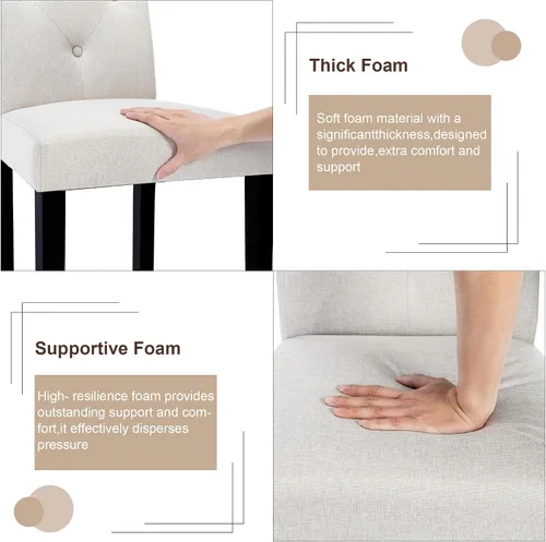 Miniatura 4 de VECELO Juego de 2 sillas de comedor tapizadas, tela moderna y patas de madera maciza y respaldo alto para cocina/sala de estar, color beige