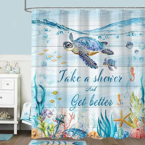 Miniatura 3 de Cortina de Ducha de Tortugas Marinas, Cortina de Baño Temática del Océano de Coral y Estrellas de Mar, Decoración de Baño de Vida Marina Submarina