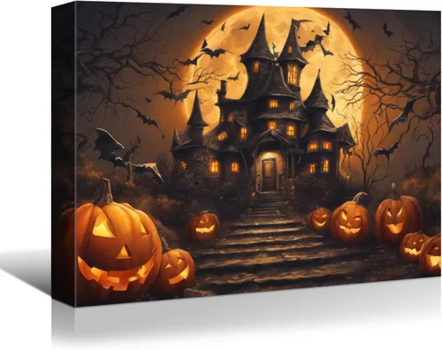 Miniatura 8 de YONICA Lienzo decorativo de Halloween para pared de sala de estar, decoración del hogar, árbol de Halloween y luna llena sobre lienzo, obra de arte