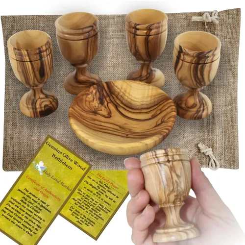 Miniatura 11 de Holy Land Market Juego de tazas y platos de comunión de madera de olivo, juego de comunión tallado a mano en Belén, para adoración de la iglesia
