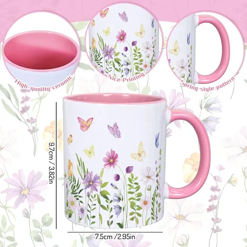 Miniatura 2 de Whaline 2 tazas de café florales de primavera con asa, 12 onzas, acuarela, flores silvestres, mariposa, taza de cerámica para familiares amigos