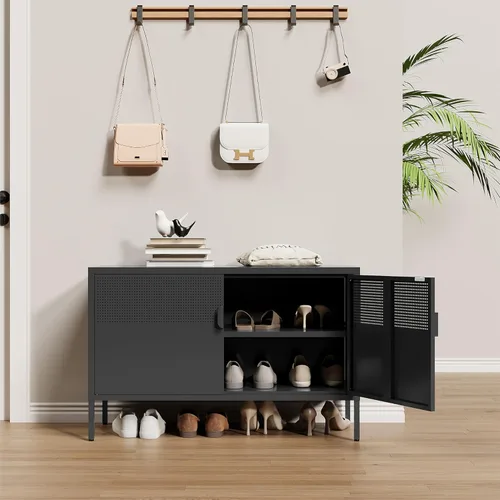 Miniatura 5 de Gabinete de almacenamiento de metal, soporte de TV de 2 puertas, gabinete de acento de malla metálica, cierre de puerta magnético, gabinetes de Negro
