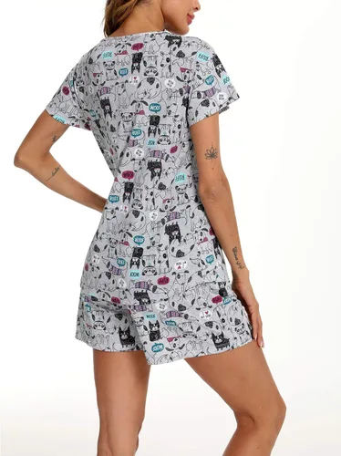 Miniatura 5 de ENJOYNIGHT - Conjunto de pijama estampado de camiseta y pantalones cortos con bolsillos para mujer