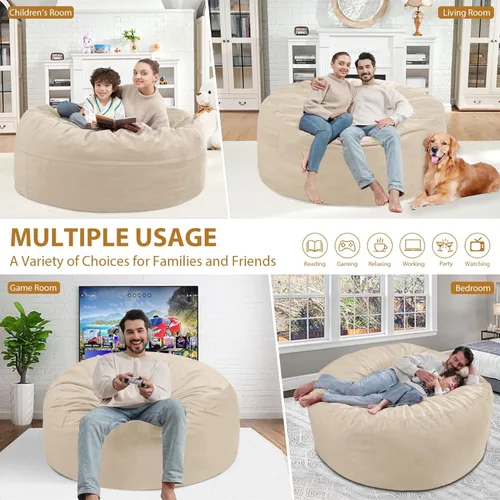Miniatura 339 de Puf de 5 pies, puf grande con relleno de espuma viscoelástica, sofá puff esponjoso con funda de terciopelo holandés, puf redondo para sala de estar