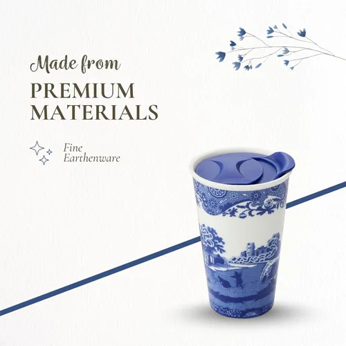 Miniatura 5 de Spode Taza de viaje de porcelana italiana azul de 8 onzas con tapa – Vaso con estampado escénico con borde decorativo – Taza de café de cerámica