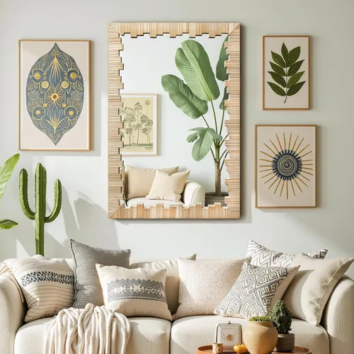 Miniatura 4 de AMOISE Espejo de pared bohemio con marco de madera, 30 x 20 pulgadas, imitación ratán espejo de tocador decorativo para baño, sala de estar
