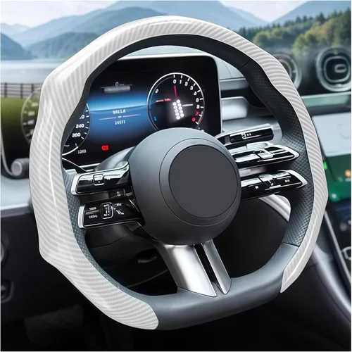 Miniatura 10 de Zpana Funda de fibra de carbono para volante de automóvil, funda de cuero antideslizante para volante de vehículo de 14.5-15 pulgadas, cómodo