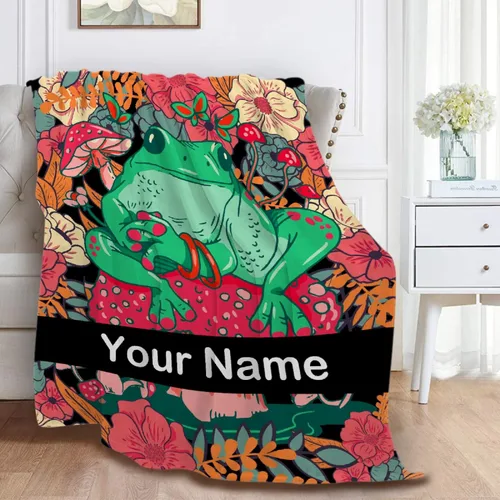 Miniatura 3 de Anuruddha Manta personalizada con nombre, manta de franela con nombre personalizado de rana floral, esponjosa, acogedora, manta de hongo y rana