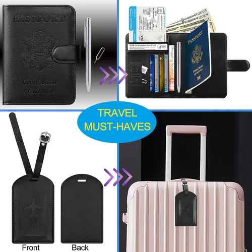 Miniatura 2 de Funda para pasaporte, cartera con bloqueo RFID, funda de piel para tarjetas, accesorios de viaje para mujeres y hombres, negro