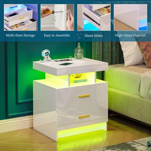 Miniatura 7 de WOOVIVS Juego de 2 mesitas de noche con estación de carga USB/tipo C/inalámbrica, mesitas de noche blancas con luces LED RGB automáticas, juego de 2