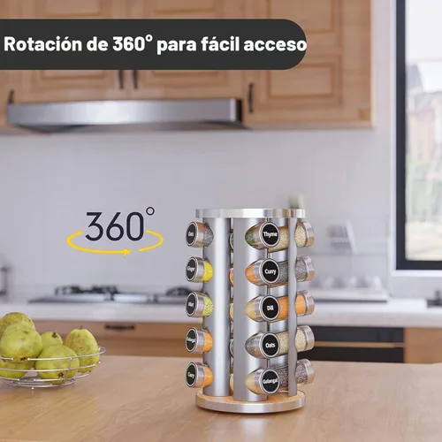 Miniatura 3 de Juego de estante giratorio para especias con 20 tarros de especias, organizador de torre de especias de cocina para encimera o gabinete. Madera