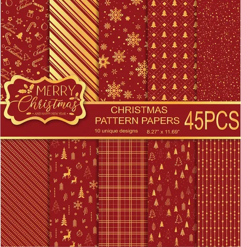 Miniatura 8 de MIAHART Juego de 45 hojas de papel con patrón de Feliz Navidad, 10 diseños, papel decorativo festivo para manualidades de doble cara para hacer