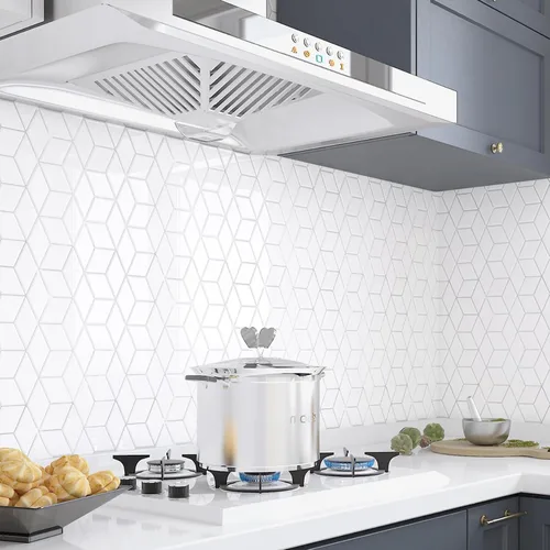 Miniatura 4 de Livelynine 16 azulejos geométricos para despegar y pegar en muro para cocina, color blanco, azulejos de pared de baño, impermeables, para paredes