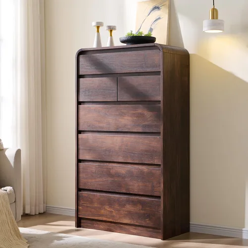 Miniatura 16 de Aitjunz Cómoda moderna de 5 cajones para dormitorio, 114 cm de altura con diseño de perfil curvo, cómoda vertical de madera estilo mediados de siglo