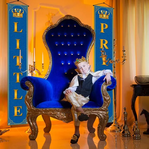 Miniatura 5 de Decoración de baby shower de príncipe real para niño, principito, pancarta de porche azul y dorado, corona de príncipe pequeño, decoración