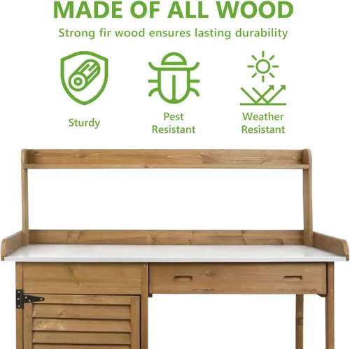 Miniatura 4 de PetsCosset - Banco de jardinería con mesa de trabajo al aire libre, de madera, con superficie de mesa metálica, gabinete, cajón, estante inferior