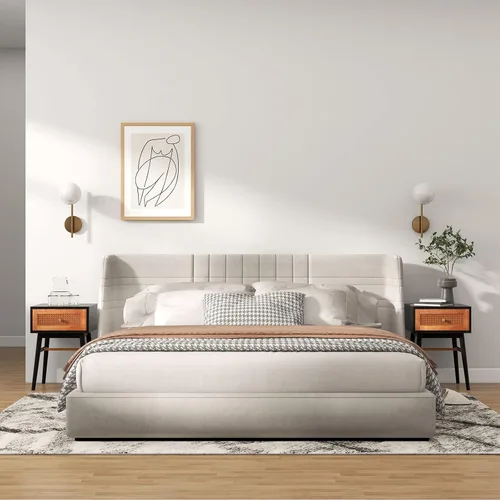Miniatura 9 de Giantex Mesita de noche de ratán, mesa auxiliar bohemia con cajón de almacenamiento decorado de ratán y patas de madera maciza, mesita de noche