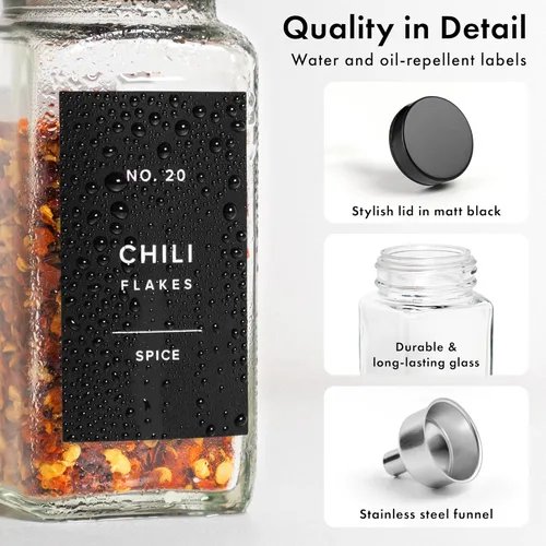Miniatura 9 de EDELHAUS Tarros de especias de vidrio con etiqueta y tapas negras (36 x 4 onzas), recipientes para especias con 240 etiquetas, insertos