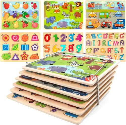 Miniatura 8 de WOOD CITY Juego de rompecabezas y estante para niños pequeños, paquete de rompecabezas de madera con soporte de almacenamiento, rompecabezas