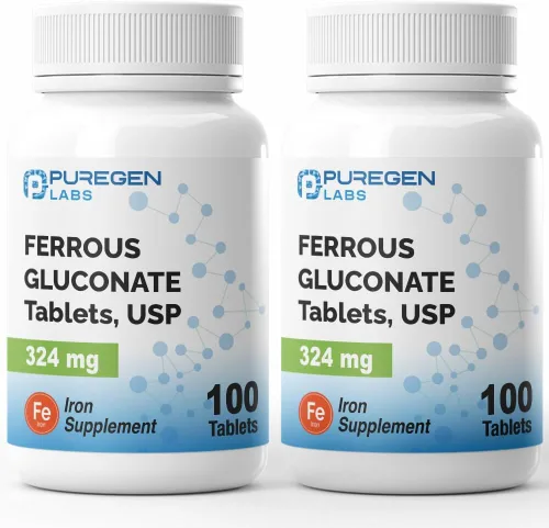Puregen Labs Gluconato ferroso 324 mg [alta potencia] Suplemento de hierro, suave para el estómago | Paquete de 2 - 200 tabletas en total