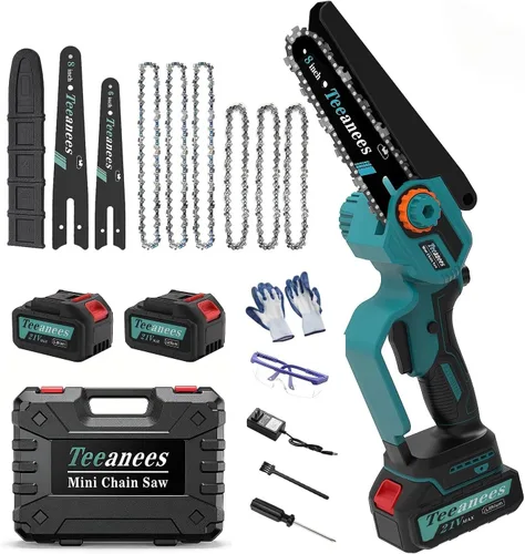 Motosierra eléctrica inalámbrica de 8 pulgadas con baterías de 2 x 4.0 AH, motosierra de mano a batería para poda de árboles, corte de madera y Azul