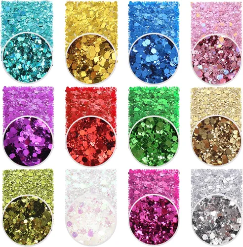 Miniatura 10 de Estanoite - Purpurina gruesa holográfica con lentejuelas, 12 colores mezclados, cosméticos para cara, cuerpo, ojos, cabello, uñas, arte, brillo