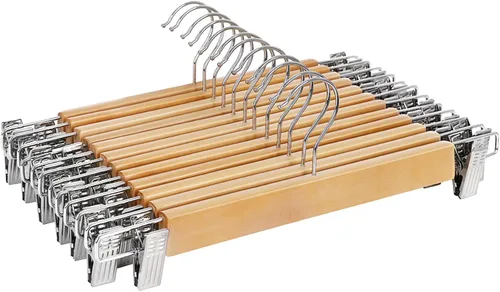 Miniatura 11 de SONGMICS Paquete de 12 perchas de madera para pantalones, madera maciza de alta calidad con fieltro antideslizante, sujeta los pantalones